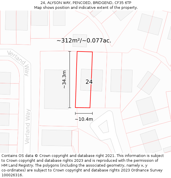 24, ALYSON WAY, PENCOED, BRIDGEND, CF35 6TP: Plot and title map
