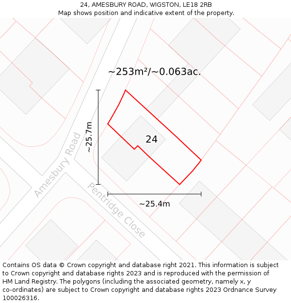 24, AMESBURY ROAD, WIGSTON, LE18 2RB: Plot and title map