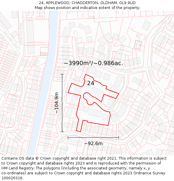 24, APPLEWOOD, CHADDERTON, OLDHAM, OL9 9UD: Plot and title map