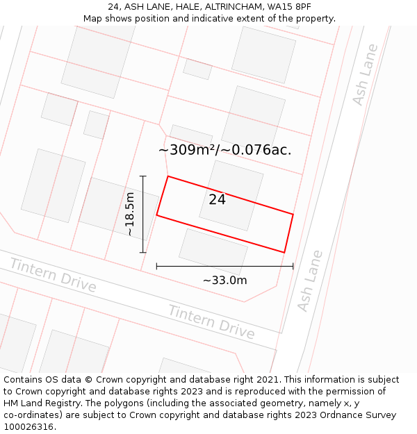 24, ASH LANE, HALE, ALTRINCHAM, WA15 8PF: Plot and title map