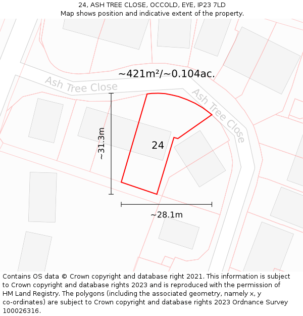 24, ASH TREE CLOSE, OCCOLD, EYE, IP23 7LD: Plot and title map