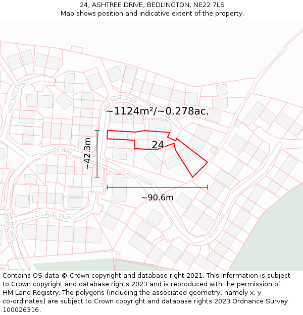 24, ASHTREE DRIVE, BEDLINGTON, NE22 7LS: Plot and title map