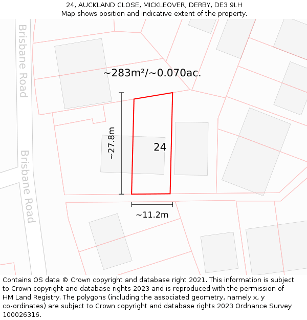 24, AUCKLAND CLOSE, MICKLEOVER, DERBY, DE3 9LH: Plot and title map