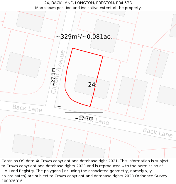 24, BACK LANE, LONGTON, PRESTON, PR4 5BD: Plot and title map