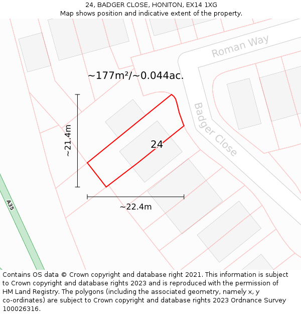 24, BADGER CLOSE, HONITON, EX14 1XG: Plot and title map