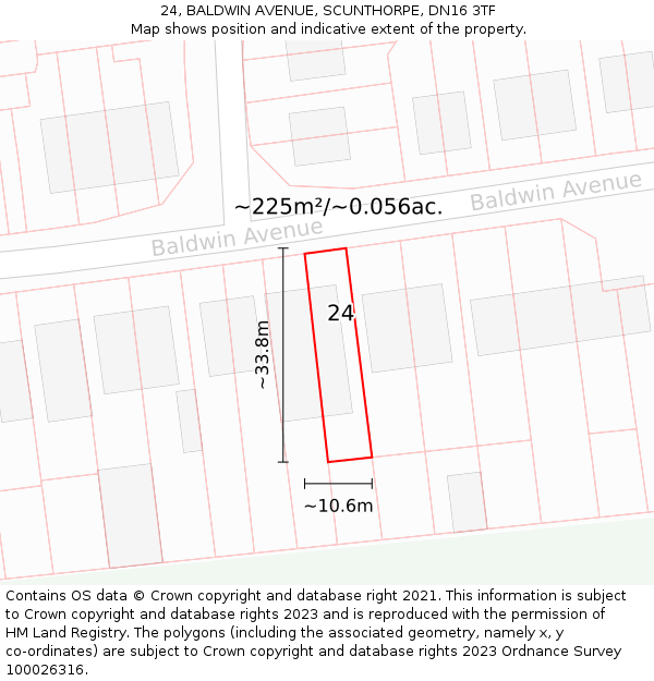 24, BALDWIN AVENUE, SCUNTHORPE, DN16 3TF: Plot and title map