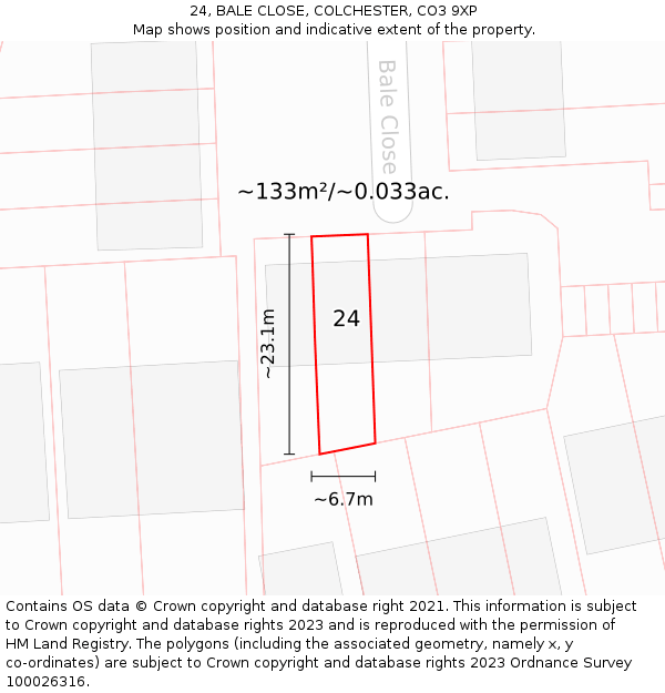 24, BALE CLOSE, COLCHESTER, CO3 9XP: Plot and title map