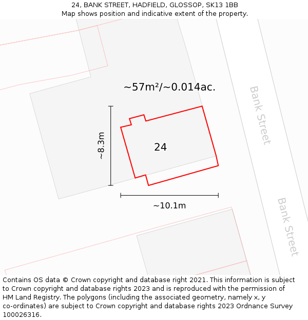 24, BANK STREET, HADFIELD, GLOSSOP, SK13 1BB: Plot and title map