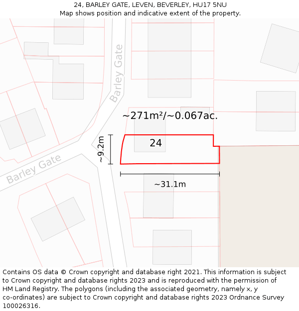 24, BARLEY GATE, LEVEN, BEVERLEY, HU17 5NU: Plot and title map