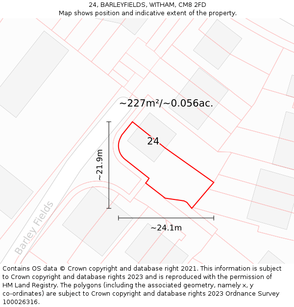 24, BARLEYFIELDS, WITHAM, CM8 2FD: Plot and title map