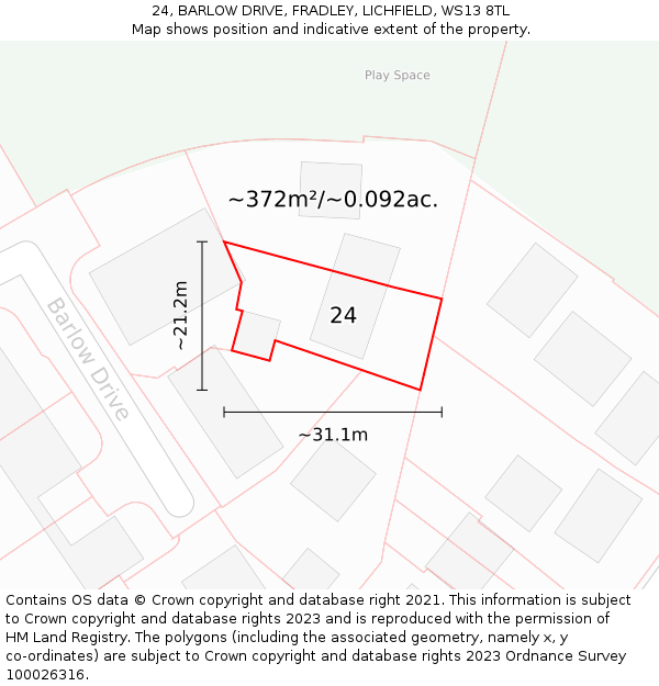 24, BARLOW DRIVE, FRADLEY, LICHFIELD, WS13 8TL: Plot and title map