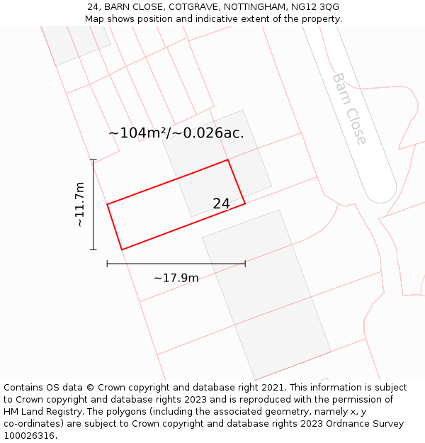 24, BARN CLOSE, COTGRAVE, NOTTINGHAM, NG12 3QG: Plot and title map