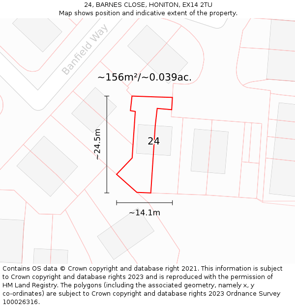 24, BARNES CLOSE, HONITON, EX14 2TU: Plot and title map