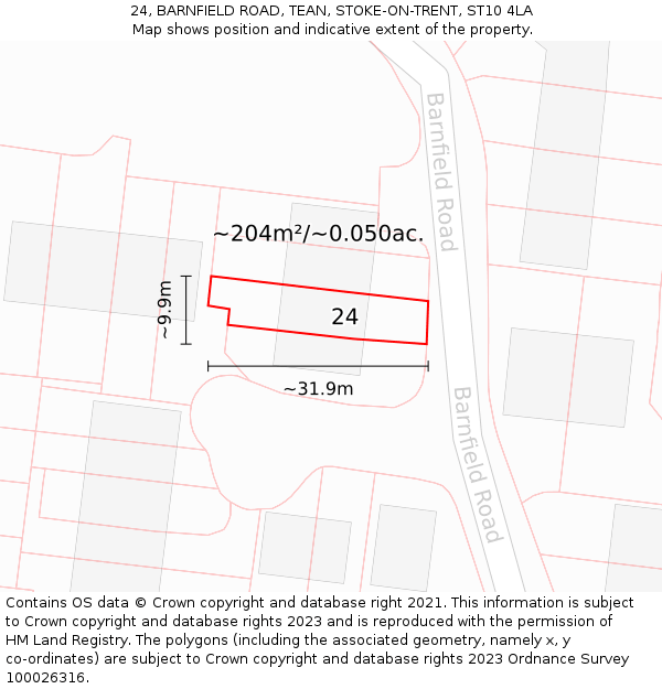 24, BARNFIELD ROAD, TEAN, STOKE-ON-TRENT, ST10 4LA: Plot and title map