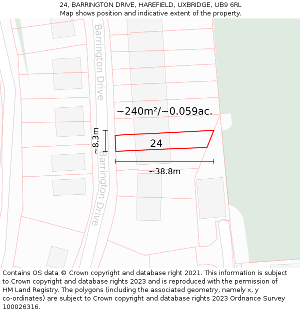 24, BARRINGTON DRIVE, HAREFIELD, UXBRIDGE, UB9 6RL: Plot and title map