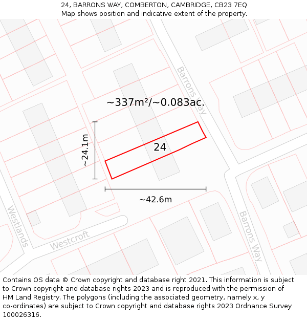 24, BARRONS WAY, COMBERTON, CAMBRIDGE, CB23 7EQ: Plot and title map