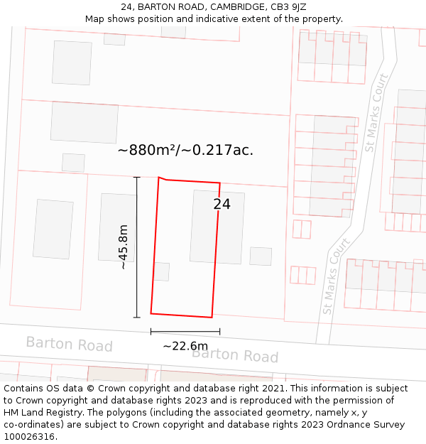 24, BARTON ROAD, CAMBRIDGE, CB3 9JZ: Plot and title map
