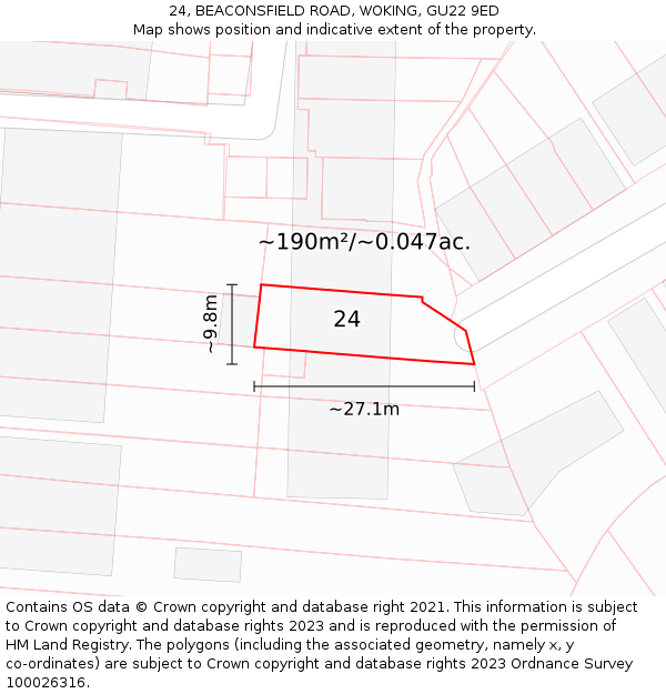 24, BEACONSFIELD ROAD, WOKING, GU22 9ED: Plot and title map