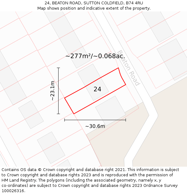 24, BEATON ROAD, SUTTON COLDFIELD, B74 4RU: Plot and title map