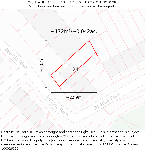 24, BEATTIE RISE, HEDGE END, SOUTHAMPTON, SO30 2RF: Plot and title map