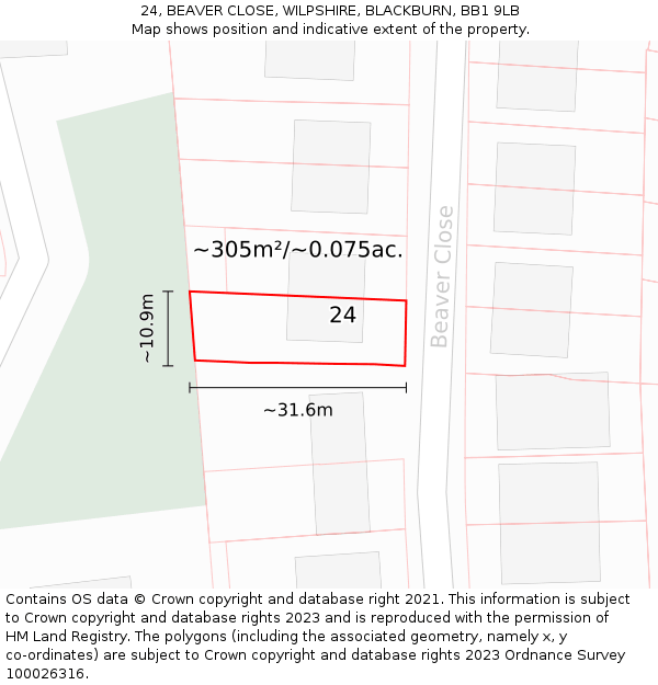 24, BEAVER CLOSE, WILPSHIRE, BLACKBURN, BB1 9LB: Plot and title map