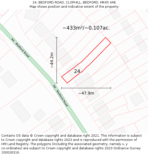 24, BEDFORD ROAD, CLOPHILL, BEDFORD, MK45 4AE: Plot and title map