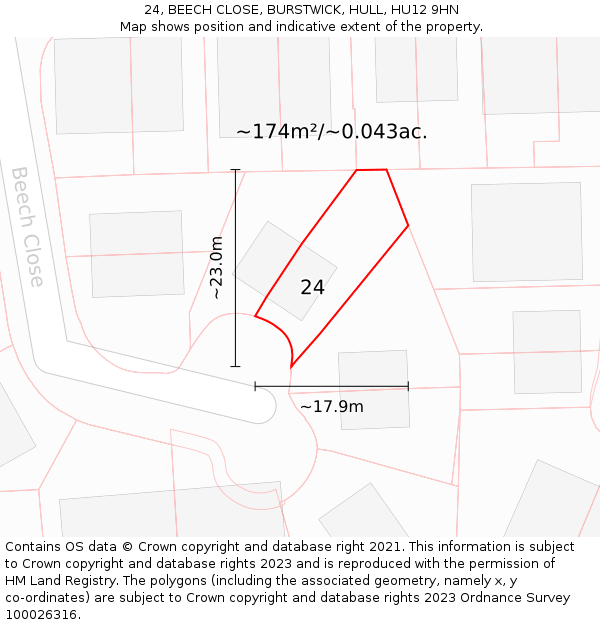 24, BEECH CLOSE, BURSTWICK, HULL, HU12 9HN: Plot and title map