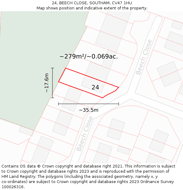 24, BEECH CLOSE, SOUTHAM, CV47 1HU: Plot and title map