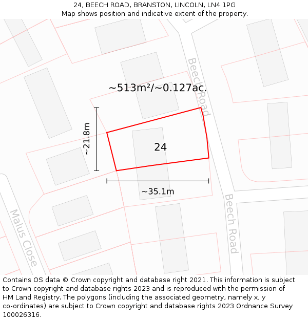 24, BEECH ROAD, BRANSTON, LINCOLN, LN4 1PG: Plot and title map
