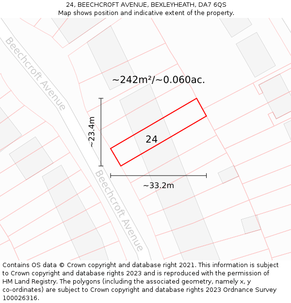 24, BEECHCROFT AVENUE, BEXLEYHEATH, DA7 6QS: Plot and title map