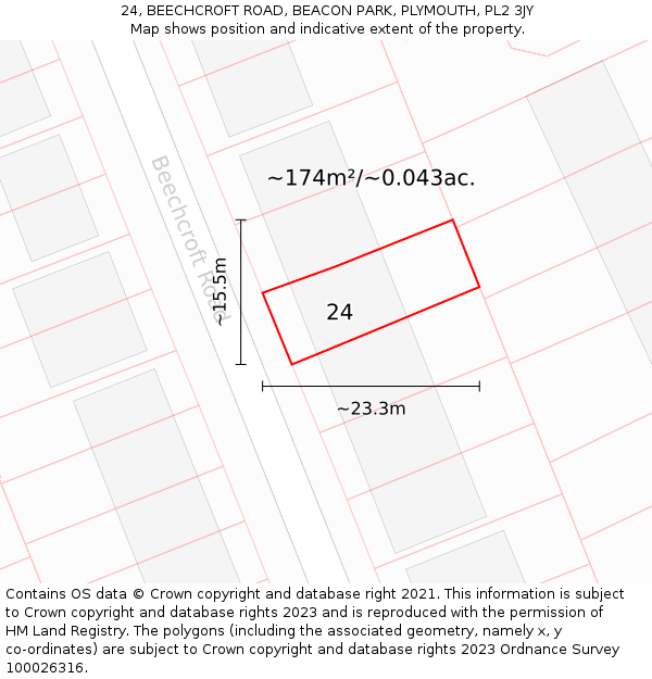 24, BEECHCROFT ROAD, BEACON PARK, PLYMOUTH, PL2 3JY: Plot and title map