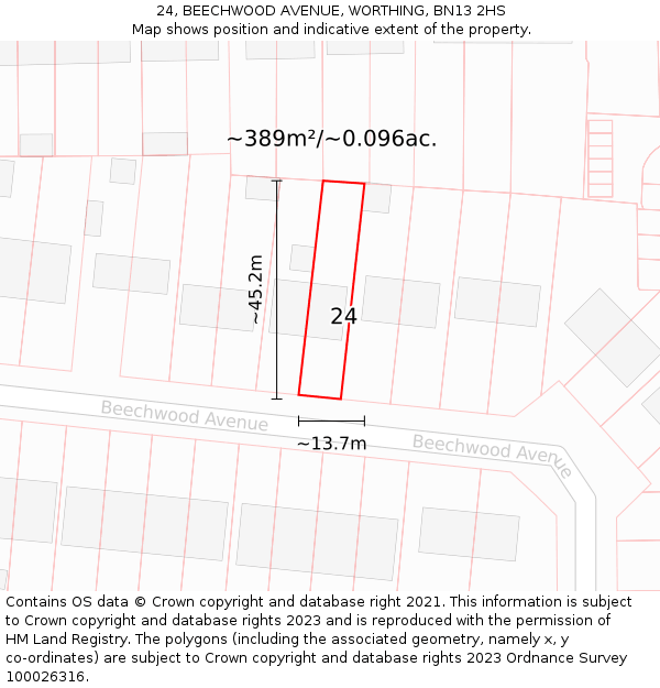 24, BEECHWOOD AVENUE, WORTHING, BN13 2HS: Plot and title map