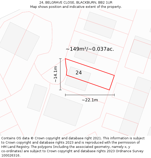 24, BELGRAVE CLOSE, BLACKBURN, BB2 1UR: Plot and title map