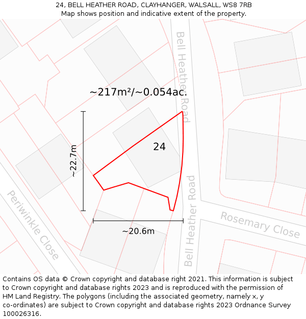 24, BELL HEATHER ROAD, CLAYHANGER, WALSALL, WS8 7RB: Plot and title map