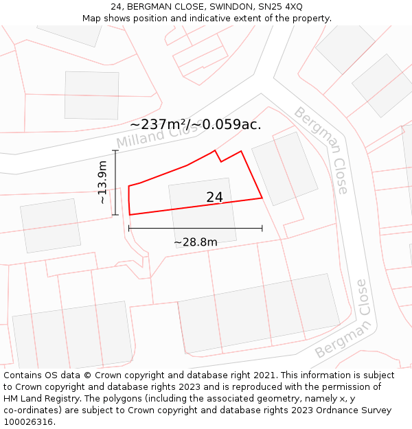 24, BERGMAN CLOSE, SWINDON, SN25 4XQ: Plot and title map