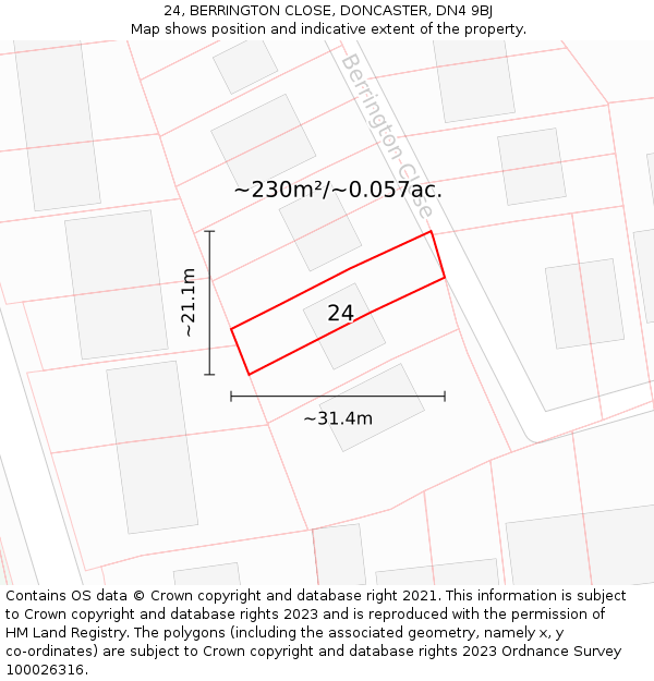 24, BERRINGTON CLOSE, DONCASTER, DN4 9BJ: Plot and title map