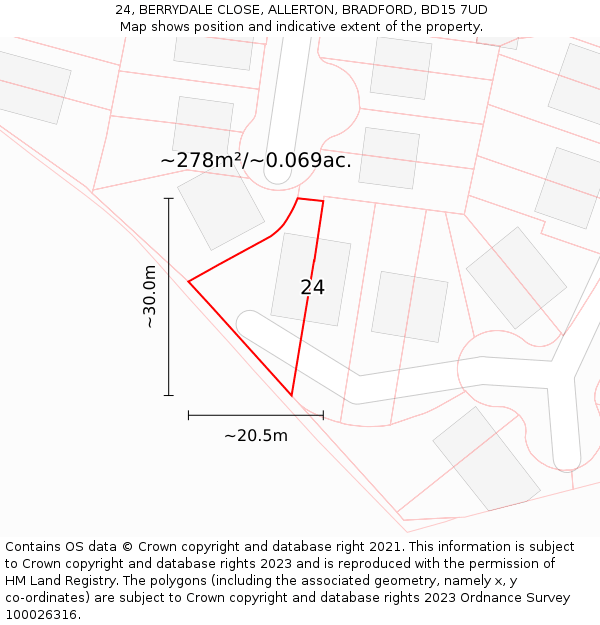 24, BERRYDALE CLOSE, ALLERTON, BRADFORD, BD15 7UD: Plot and title map