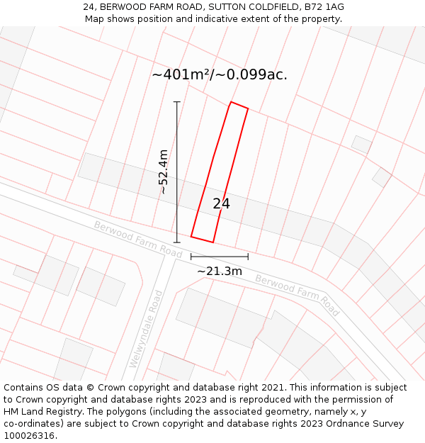 24, BERWOOD FARM ROAD, SUTTON COLDFIELD, B72 1AG: Plot and title map
