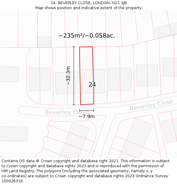 24, BEVERLEY CLOSE, LONDON, N21 3JB: Plot and title map
