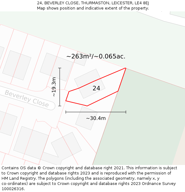 24, BEVERLEY CLOSE, THURMASTON, LEICESTER, LE4 8EJ: Plot and title map