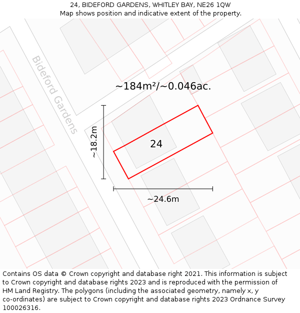 24, BIDEFORD GARDENS, WHITLEY BAY, NE26 1QW: Plot and title map