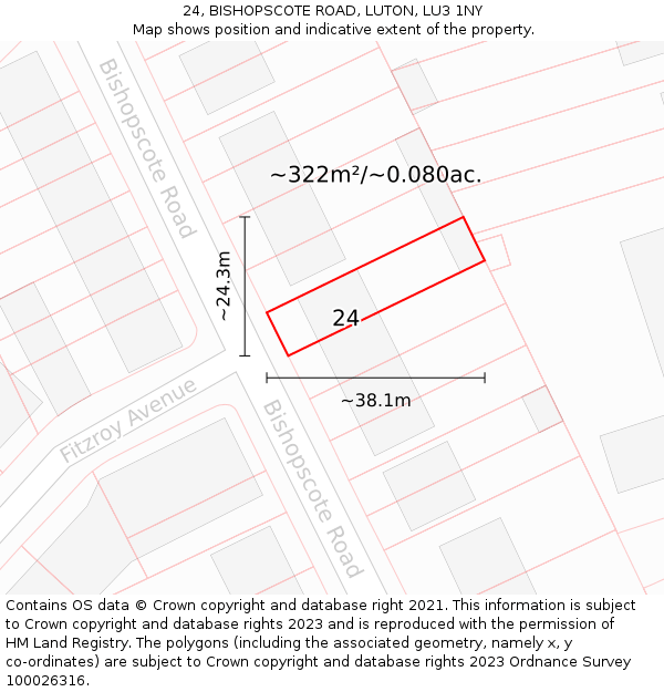 24, BISHOPSCOTE ROAD, LUTON, LU3 1NY: Plot and title map