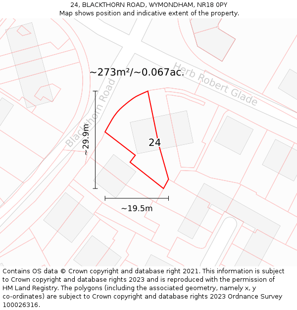 24, BLACKTHORN ROAD, WYMONDHAM, NR18 0PY: Plot and title map