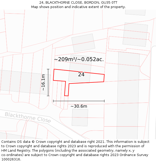 24, BLACKTHORNE CLOSE, BORDON, GU35 0TT: Plot and title map