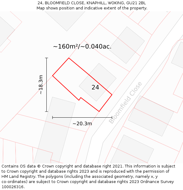 24, BLOOMFIELD CLOSE, KNAPHILL, WOKING, GU21 2BL: Plot and title map