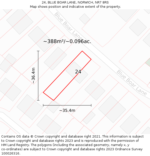 24, BLUE BOAR LANE, NORWICH, NR7 8RS: Plot and title map