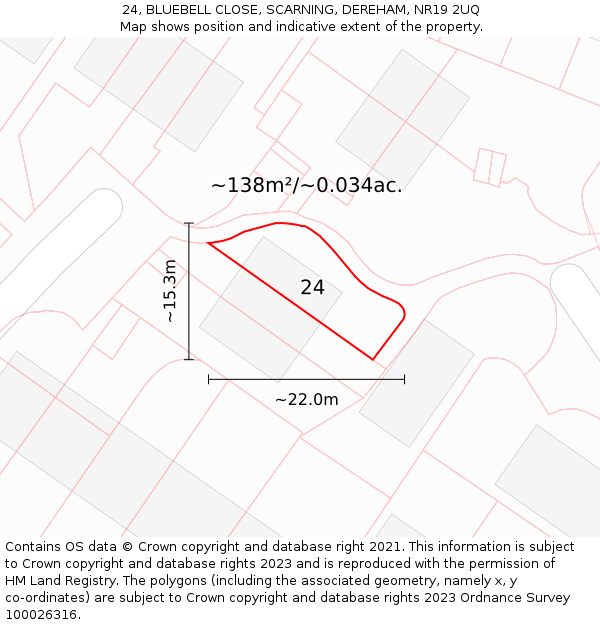 24, BLUEBELL CLOSE, SCARNING, DEREHAM, NR19 2UQ: Plot and title map