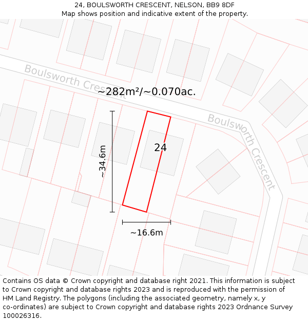 24, BOULSWORTH CRESCENT, NELSON, BB9 8DF: Plot and title map