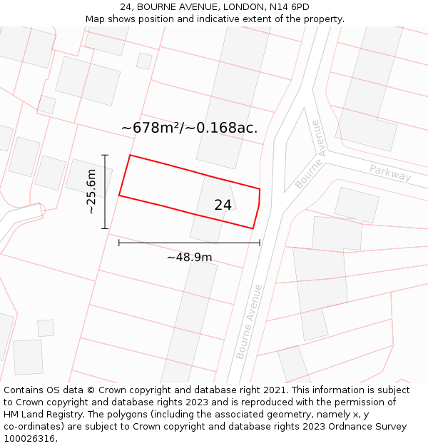 24, BOURNE AVENUE, LONDON, N14 6PD: Plot and title map