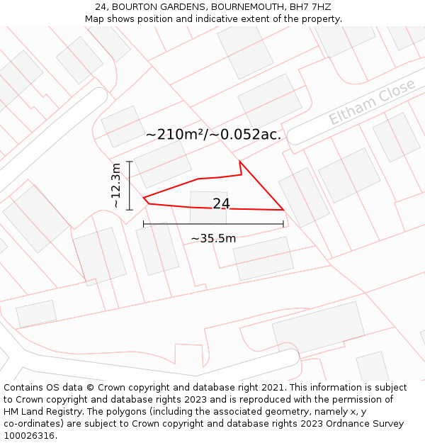 24, BOURTON GARDENS, BOURNEMOUTH, BH7 7HZ: Plot and title map